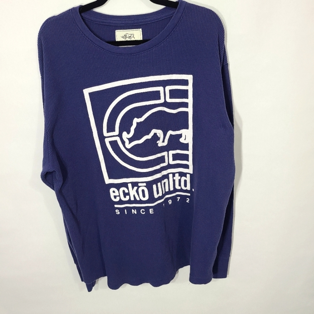 Ecko UNLTD Men's Size 3XB Long Sleeve Graphic Tee Blue White Shirt Top